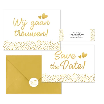 Witte trouwkaarten set met gouden stipjes 